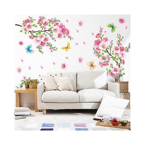 Removable Pink Cherry Blossom Wall Sticker Art Bedroom Living Room Decor Graphic Flowers Petals Tree Waterproof Wall Sticker