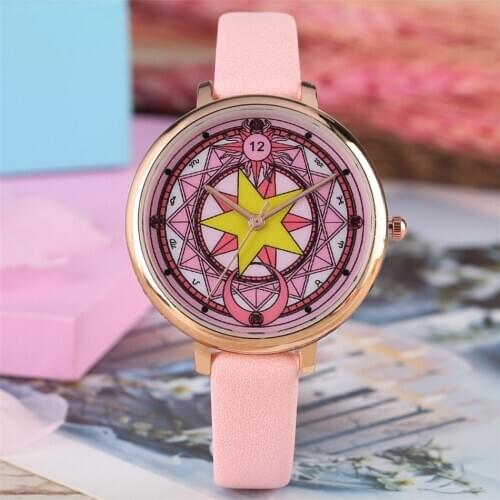 Japanese Anime Cardcaptor Sakura Theme Student Watches Pink Leather Quartz Wristwatch Fashion Elegant Girl Watches Gifts 2020