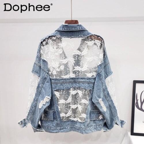 Mesh Lace Stitching Embroidery Ripped Denim Jacket Women Spring Summer Jean Jacket Thin Casual Sun-Protective Clothes StreetWear