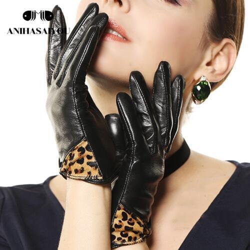 Women genuine leather gloves winter warm fashion leopard bow short sheepskin woman leather gloves genuine leather- L100