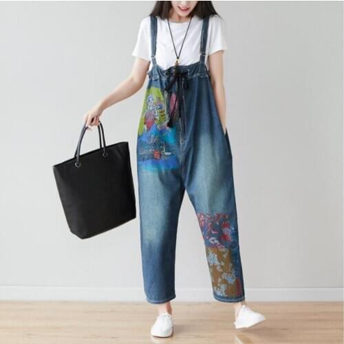 Womens Casual Denim High Waist Overalls Pant Jeans Jumpsuits Print Loose Denim Jumpsuits Plus Size