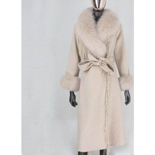 2021 X-long Tassel Cashmere Wool Blends Real Fur Coat Belt Winter Jacket Women Natural Fox Fur Collar and Cuffs Streetwear