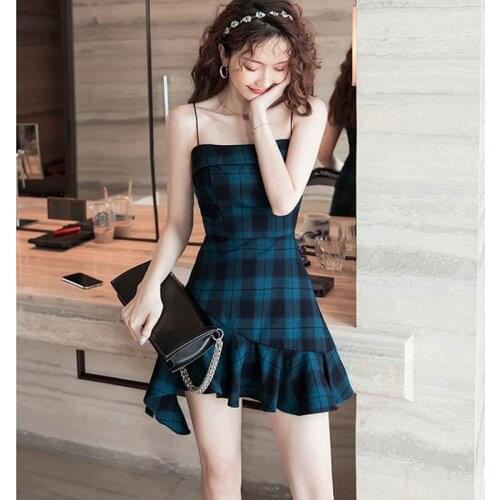 One Piece Sexy Gothic Punk Dresses For Girls Vintage Lady Vestido Female Summer Sleeveless Blue Plaid Spaghetti Strap Dress 2021