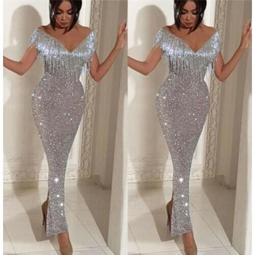 2020 Women Sequined Formal Bodycorn Dress Ladies Sleeveless Tassels Party Long Dress Shiny Off Shoulder Slim Long Dresses