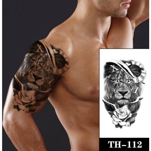 Clock Rose Flower Tattoo Sticker Fake Lion Compass Waterproof Temporary Tattos for Women Men Black English Letter Totem Tatoo