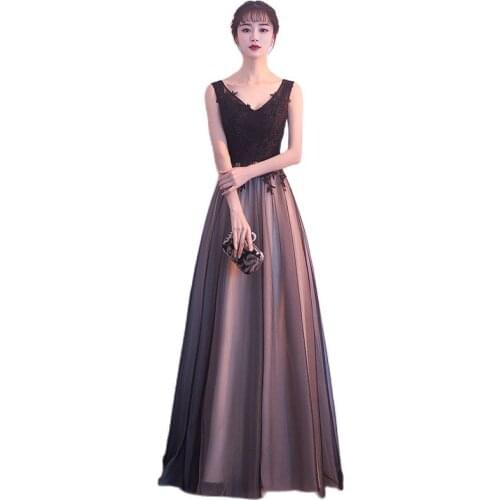 Black Long V-neck Lace Embroidery Prom Dresses 2018 Cheap Chiffon Evening Party Dress Ballkleider Special Occasion Dresses