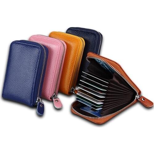 Anti-Degaussing Credit Card Holder Women Men Genuine Leather Organ Multiple Card Slots Case Retro Zipper Coin Pocket Wallet