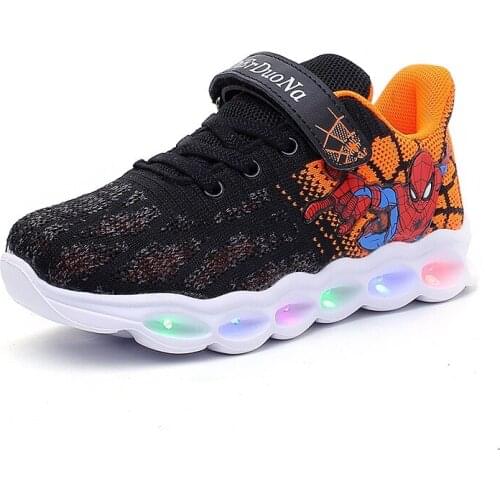 Disney childrens non-slip soft bottom boy casual sports shoes cartoon spiderman breathable with LED bright light shoes