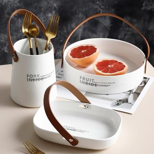 Ceramic Tableware Kitchen Storage Fruit Tray Cutlery Spoon Fork Storage Bucket Leather Handle Container Home Decoration Holder