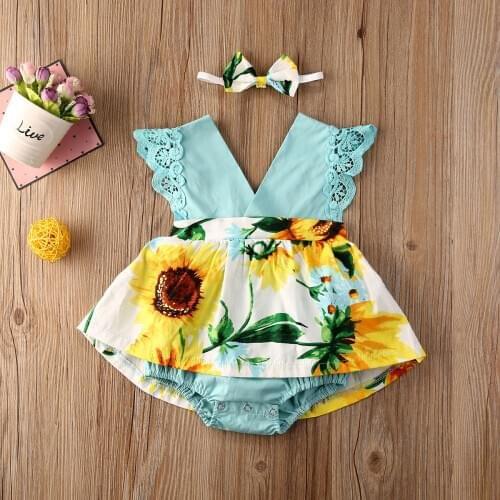 Baby Summer Clothing 0-24M Newborn Baby Girls V-Neck Rompers Sunflowers Print Ruffles Lace Sleeve Jumpsuit Dress+Headband