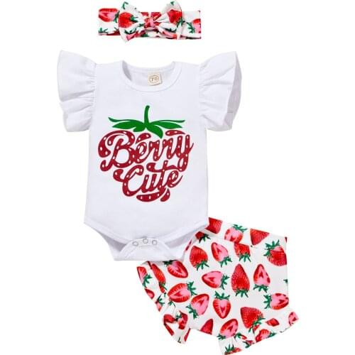 Baby Girls Clothes Set Letter Print Flying Sleeve Romper+Strawberry Print Shorts+Bow-knot Headband