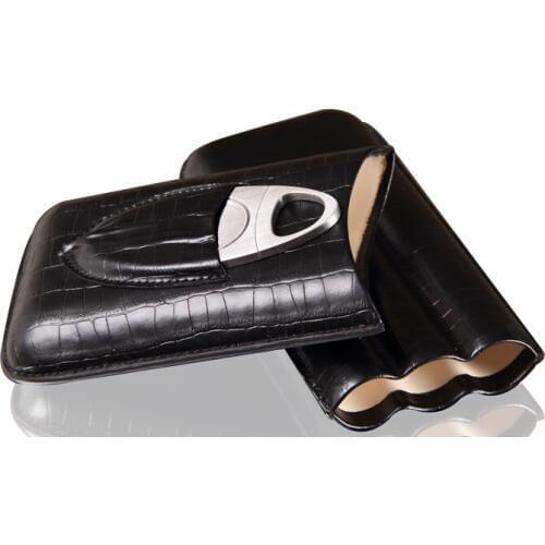 Leather Travel Cigar Case Holder 3 Tube Humidor With Cutter Set crocodile Grain leather Cigar Moisturizing Box Portable gadgets
