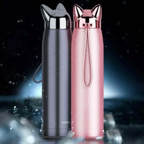 Cute water bottle Double Wall Thermos Bottle Stainless Steel Vacuum Flasks Cute Cat Fox Ear Thermal Coffee Tea Milk Travel Mug