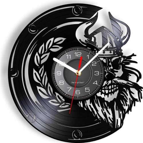 Viking Skull Wall Art Wall Clock Skull Helmet Horns Norway Sea Sailing Warrior Barbarian Valhalla Retro Vinyl Record Wall Clock