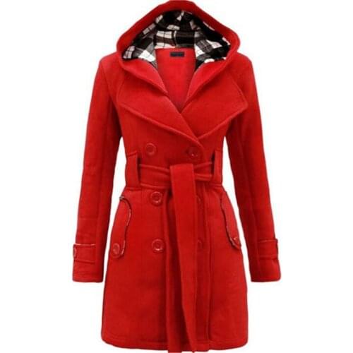 Autumn Winter Hooded Women Woolen Coat Warm Fleece Jacket With Belts Double Breasted Plus Size Office Slim Outwear 7 Colors 3150