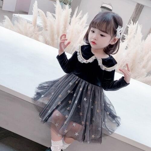 Girls Dress Peter Pan Collar Lace Mesh Kids Dresses For Girl Autumn Clothing Princess Party Dress Ball Gown with Sequined Stars