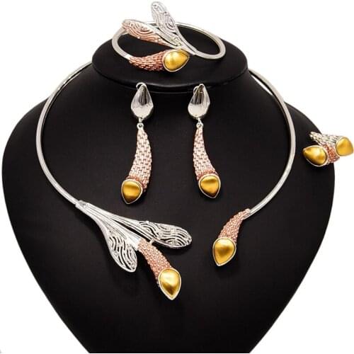 Yulaili Luxury Wedding Bridal Charm Choker Necklace Stud Earrings Bracelet Ring For Women Dubai Gold Jewelery Set Free Shipping