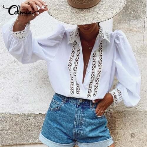 Womens Long Sleeve Shirts Fashion Blouses 2021 Celmia Spring Hollow Out Sexy Tunic Tops Casual Patchwork Party Blusas Femininas