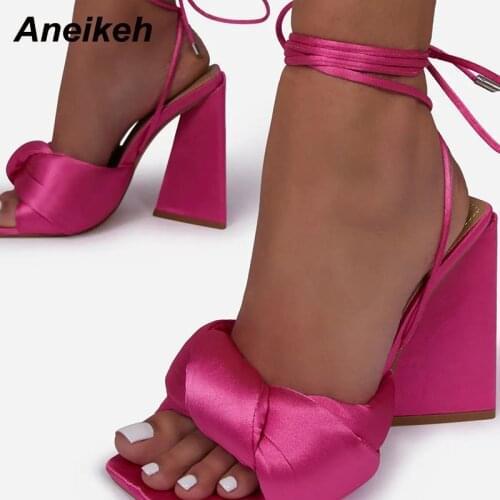 Aneikeh Sandals Women Summer 2021 Fashion Open Toe High Heel Party Shoes Solid Turned-Over Edge Cross-Tied sandalias de mujer