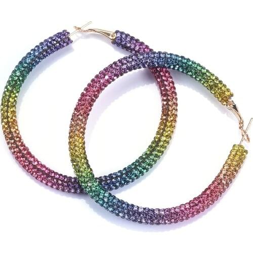 Women Simple Shiny Rhinestone Big Earring Jewelry New Design Fashion Geometric Round Charm Crystal Hoop Earrings