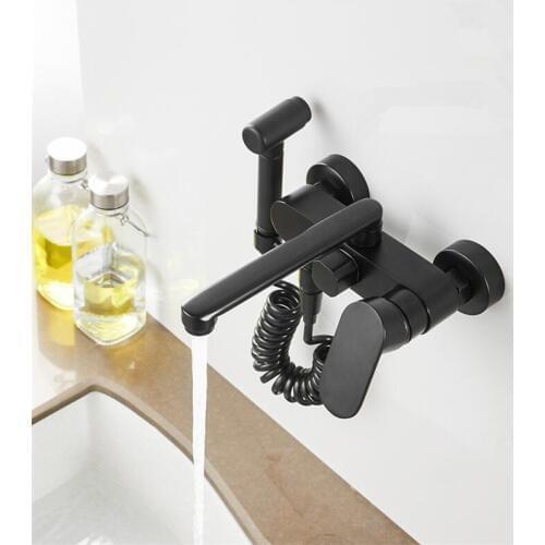 Kitchen Sink Faucets Brass Sink Mixer Taps Hot & Cold Wall Mounted With Spray Gun Rotatable Mop Pool Water Crane Vessel Black