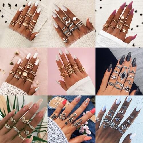 Boho Geometry Knuckle Finger Rings Set For Women Crystal Eye Flower Butterfly Chain joint Ring Female Bohemian Jewelry