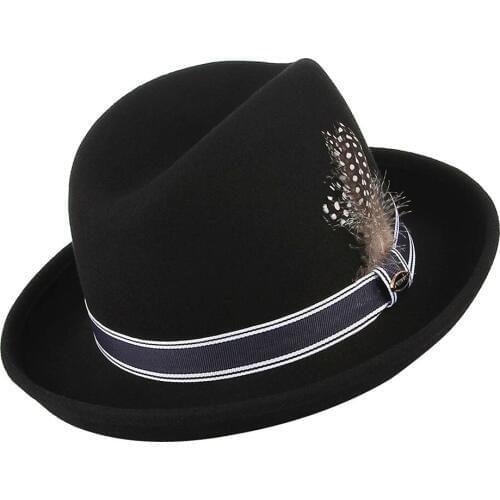Women Fedora Hat Feathers British Retro Concave Top Wool Cap Men European American Church Party Casual Elegant Ladies Hats H7188