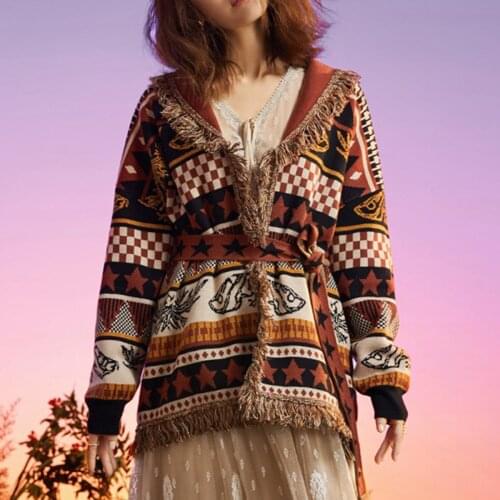 Jastie Indie Folk Retro Pattern Cashmere Cardigan Women Jacket Tassel Lapel Long Sleeve Winter Sweater Loose Overcoat Jackets