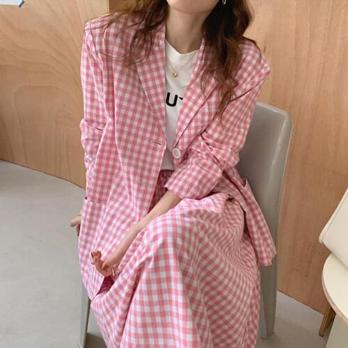2020 Korean Chic Plaid Jacket Women Fashion Geometric Casual Elegant Office Ladies Long Sleeve Loose OL Blazers Sweet Lapel Coat