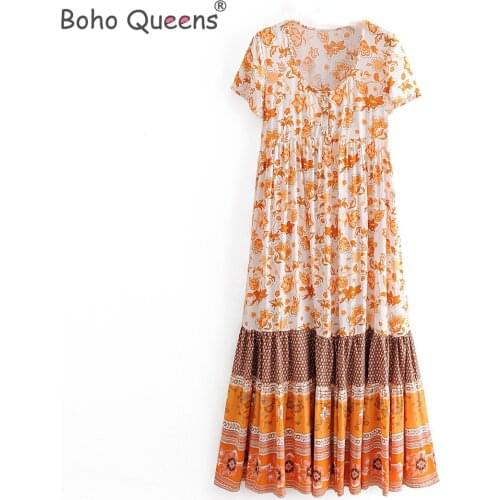 Boho Queens vintage Floral print sashes beach Robe Bohemian maxi dress Ladies cross V neck happie dress vestidos