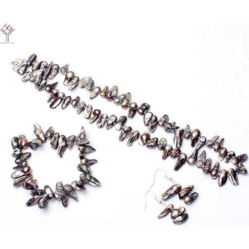 Women Jewelry set 8-15mm Bright deep gray baroque elongated pearl necklace bracelet hook Earring natural freshwater pearl