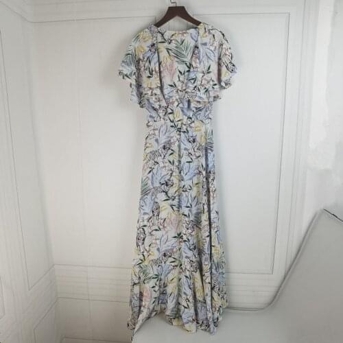 2021 Women Short Sleeve Midi Dress Irregular Ruffled Ladies V-Neck Lace-Up Floral Printed Robe Spring Summer