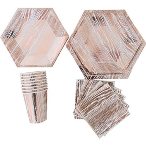 16SET Rose Gold Series Paper Cups Plates Napkins Tableware Modern Hexagon Design Cake Table Wedding Birthday Party Decor