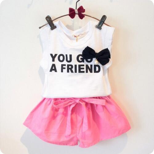 2016 Summer New Pattern Girl Childrens Garment Fashion Bow Short Sleeve T-Shirt Undershirt Solid Color Shorts You Suit Twinset