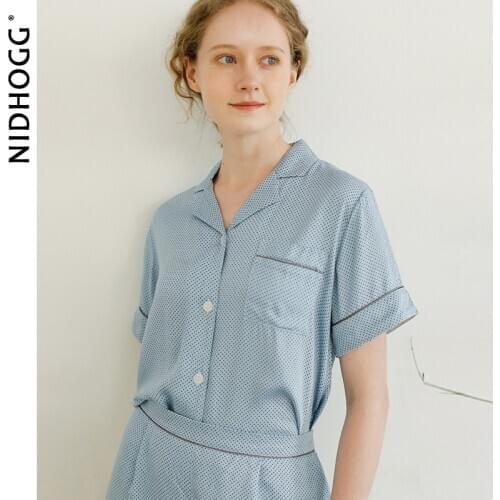 2020 Summer Thin Satin Blue Dots Short Sleeve Trousers Pajamas Women 2 Piece Sleepwear Loungewear Pijama Mujer Home Sleepwear