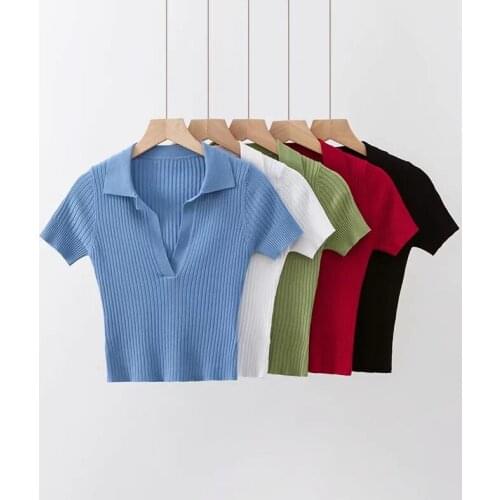 2020 Vintage polo shirt sexy crop sweater women pullover korean kawaii female short sleeve knitted cropped sweaters streetwear