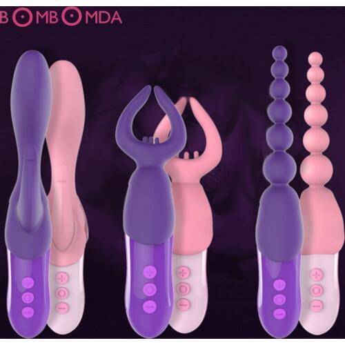 4pcs/set USB Rechargeable Massager AV Vibrator with G Spot Vaginal Nipple Massage Anal Beads Plug Headgear Female Masturbation 3
