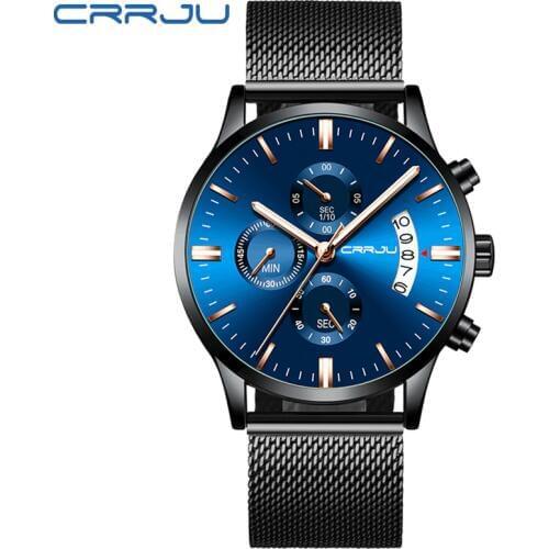 Relogio masculino CRRJU Mens Blue Watches Top Brand Stylish Fashion WristWatch for Men Full Steel Mesh Belt Casual Quartz Clock