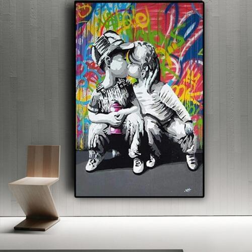 Kids kissing wall graffiti art canvas prints street pop art canvas painting posters and prints love life wall canvas pictures