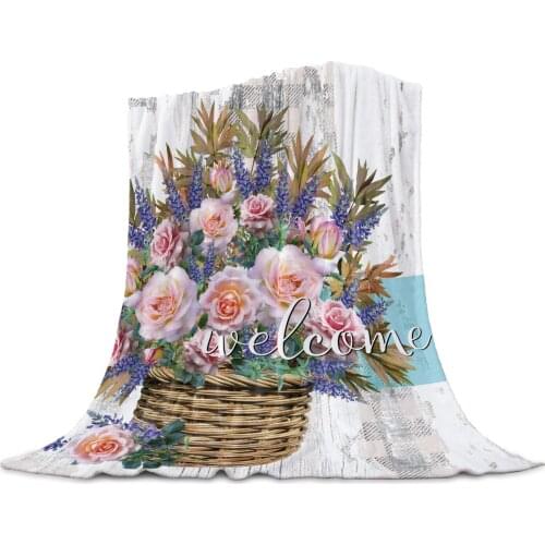 Welcome Wood Grain Rose Flower Retro Throw Blanket Portable Travel Soft Blanket Home Decor Microfiber Flannel Blankets for Beds