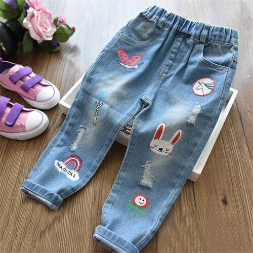 Girls 2-8 Y Spring Autumn Jeans Denim Cartoon Printing Ankle Length Pants Casual Fashion Loose Fit Elastic Waist Trousers