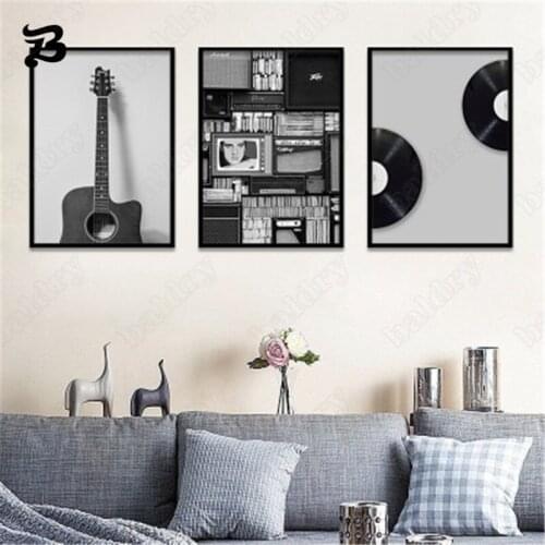 Canvas Painting Wall Art Music Elements Home Decoration Black and White Modern Canvas Posters Prints Retro Guitar Room Decor