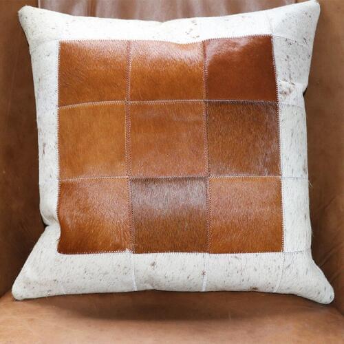 Hand made real cow fur plaid pillow with core ,square shaped natural brown color cowhide skin fur patchwork cushion