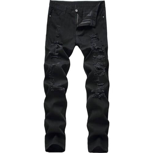 Mens Holes Ripped Jeans Black Slim Straight Denim Pants Casual Distressed Trousers