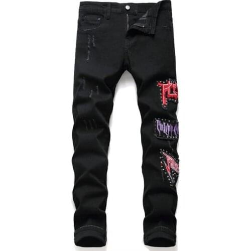 New Korean version black casual trousers men stretch small leg trousers slim pin patch jeans fashion embroidered rivets trousers