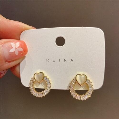 2021 New Arrival 14K Real Plated Opal Heart Stud Earrings For Women Luxury Jewelry Zircon Geometric Earrings