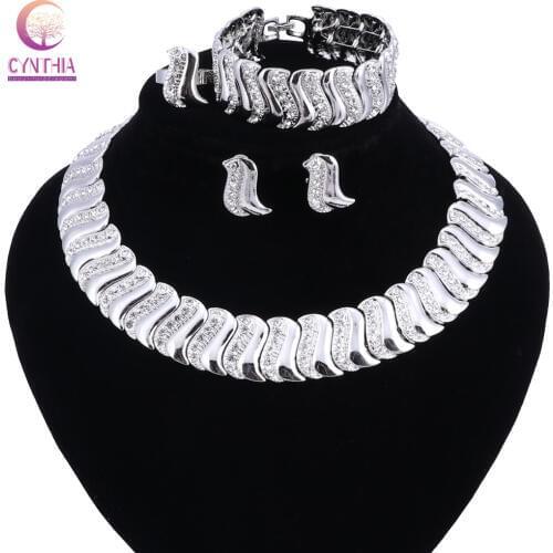 New Fashion African Women Silver Color wedding Jewelry Sets Dubai Vintage Crystal Necklaces Bracelet Ring Earrings Jewellery