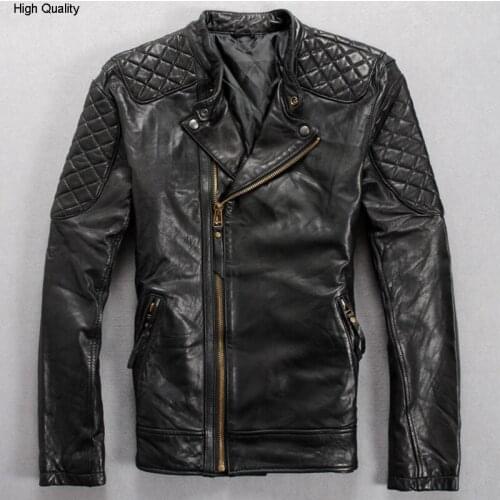 Solid black genuine slim fit brown sheepskin coat thin leather wind jacket men korean style