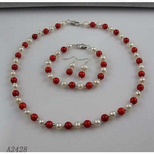 6-7mm Red Corals Freshwater Cultured Choker Pearl Necklace For Girl Real Pearl Necklace Bracelet Earrings Jewelry Set
