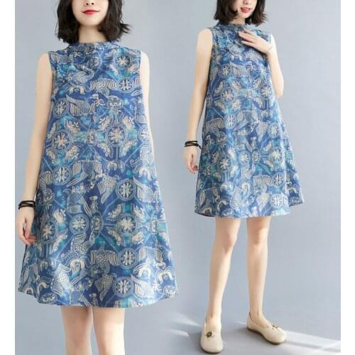 Summer New Chinese Retro Improved Frog Buckle Cheongsam Dress Loose Slimming Cotton Linen Sleeveless Printed Dress